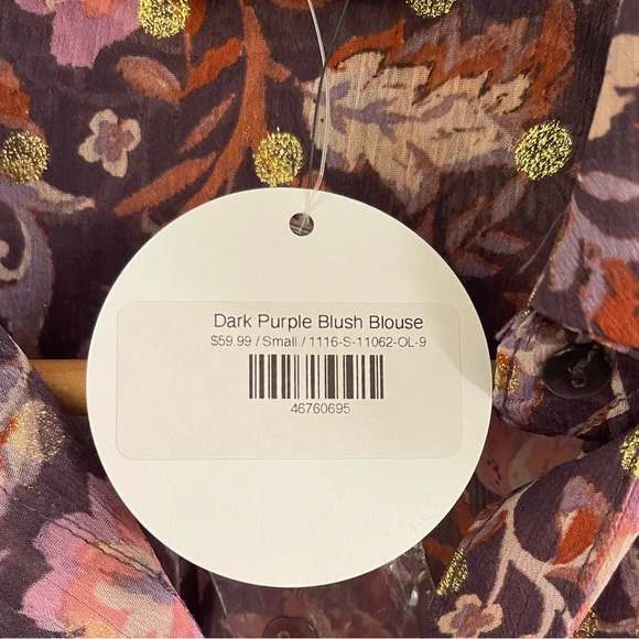 NWT!! Women’s Olivaceous purple blush gold shimmer button down top, Small - Picture 5 of 7